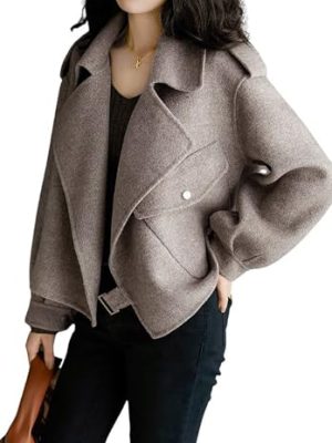 Women Cropped Wool Coats Notched Lapel Pea Coat Open Front Trench Overcoat Jackets with Pockets