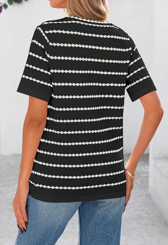 Women's Short Sleeve Sweater Spring Summer Crochet Knit Tops 2025 V Neck Striped Button Down Dressy Casual Blouses