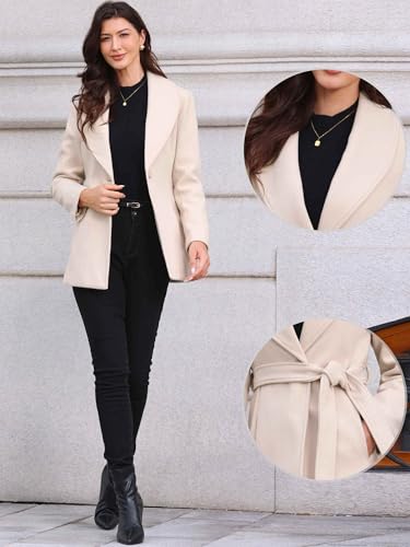 Pea Coats for Women Lapel Collar One Button Winter Overcoat with Belt Trench Coat