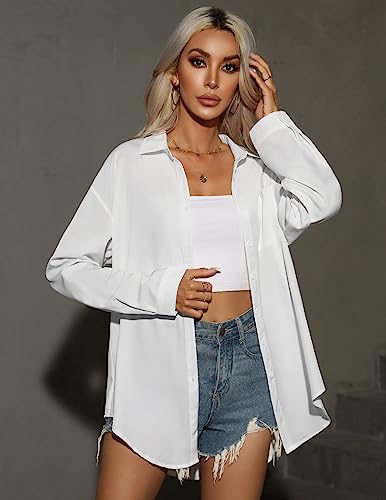 Women Oversized Button Down Shirts Office Drop Shoulder Blouse Long Sleeve Boyfriend Dress Shirt with Pockets