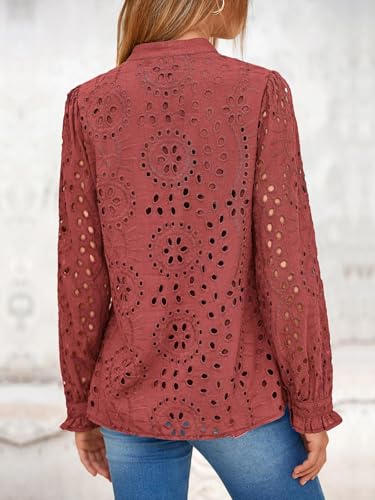 Women's Fall Fashion Long Sleeve Shirts Button Down Dressy Casual Blouses V Neck Eyelet Embroidery Hollow Out Tops