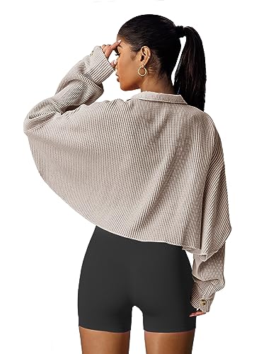 Women's Cropped Waffle Knit Shacket Short Button Down Jacket Batwing Sleeve Shirts with Pocket