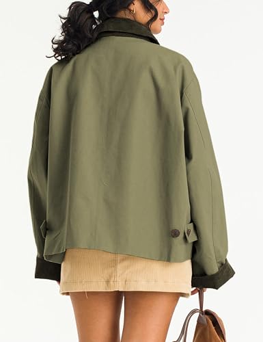 Womens Contrast Collar Jacket Casual Button Down Long Sleeves Crop Trench Coat Outerwear with Pockets