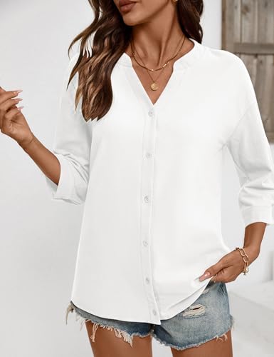 Womens 3/4 Sleeve Button Down Shirts Cotton Linen Roll Up Short Sleeve Tops V Neck Casual Loose Fit Blouses