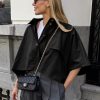 Womens Oversized Cropped Trench Coats Single Breasted 3/4 Cape Sleeve Trendy Casual Jackets Button up Outerwear