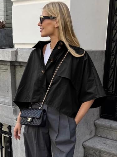 Womens Oversized Cropped Trench Coats Single Breasted 3/4 Cape Sleeve Trendy Casual Jackets Button up Outerwear