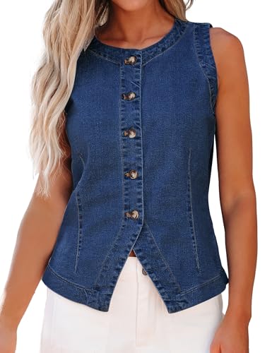 Denim Vest for Women Sleeveless Strechy Jean Vest Top Button Down Crewneck Casual Summer Western Waistcoat