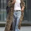 Women's Notch Lapel Leopard Print Duster Trench Coat Open Front Loose Faux Suede Mid Long Pea Coat