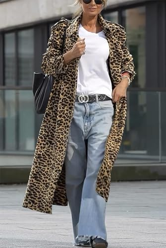 Women's Notch Lapel Leopard Print Duster Trench Coat Open Front Loose Faux Suede Mid Long Pea Coat