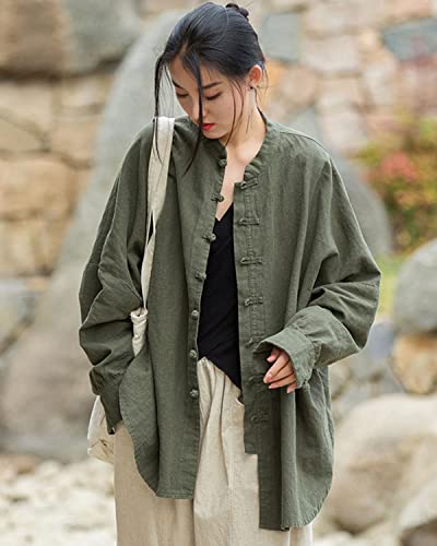 Women's Linen Oversized Blouses Vintage Long Sleeve Jackets Loose fit Chinese Frog Shirts