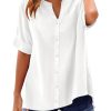 Womens 3/4 Sleeve Button Down Shirts Cotton Linen Roll Up Short Sleeve Tops V Neck Casual Loose Fit Blouses