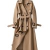 Women's Double Breasted Long Trench Coat Belted Notch Lapel Overcoat Windproof Classic Outerwear