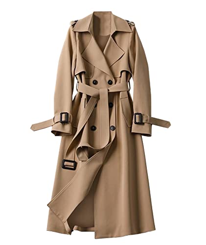 Women's Double Breasted Long Trench Coat Belted Notch Lapel Overcoat Windproof Classic Outerwear