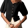 Puff Sleeve Cardigans for Women Crew Neck Lightweight Summer Shirts Button Down Knit Shrug Sweater Tops