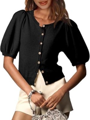 Puff Sleeve Cardigans for Women Crew Neck Lightweight Summer Shirts Button Down Knit Shrug Sweater Tops