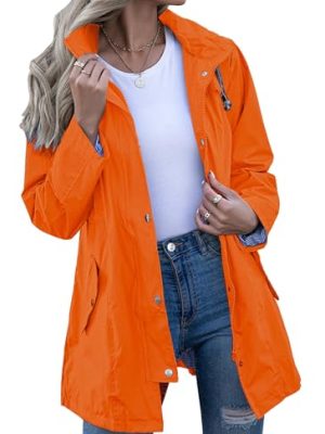 Rain Jacket Women Striped Lined Hooded Lightweight Raincoat Outdoor Waterproof Windbreaker