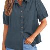 Womens Summer Short Sleeve Button Down Shirts V Neck Collared Casual Blouse Tops with Pockets