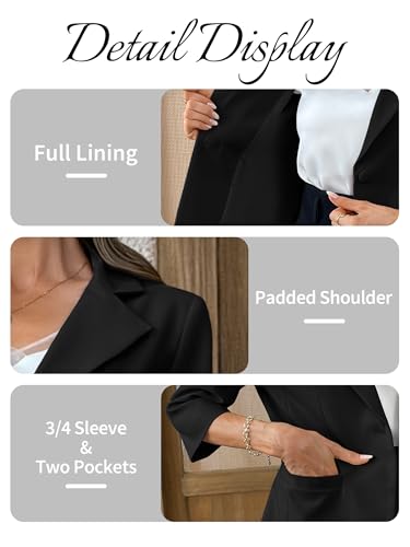 Women's 3/4 Sleeve Blazer, Lightweight Slim Fit Suit Business Casual Jacket for Work