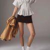 Striped Button Down Shirts for Women Short Sleeve Pleated Corset Blouse Casual Summer Peplum Dressy Tops