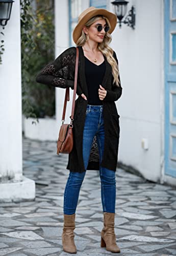 Womens Lightweight Longer Length Cardigan Long Sleeve Casual Crochet Open-Front Sweater with Pockets