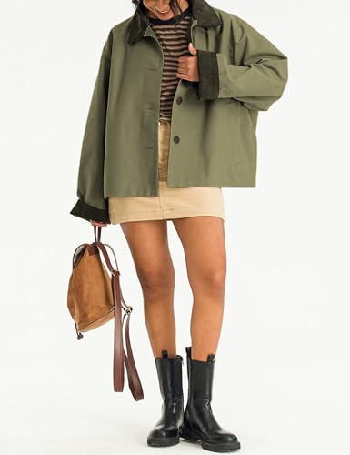 Womens Contrast Collar Jacket Casual Button Down Long Sleeves Crop Trench Coat Outerwear with Pockets