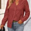 Women's Fall Fashion Long Sleeve Shirts Button Down Dressy Casual Blouses V Neck Eyelet Embroidery Hollow Out Tops