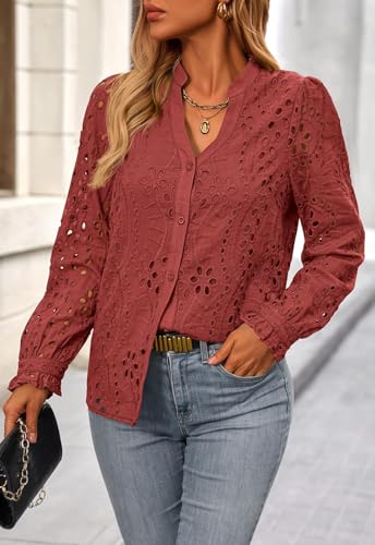 Women's Fall Fashion Long Sleeve Shirts Button Down Dressy Casual Blouses V Neck Eyelet Embroidery Hollow Out Tops