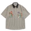 Shirts Plaid Embroidery Short Sleeve Shirt Casual Graphic T-Shirts Men Button Down Tee Tops Oufits