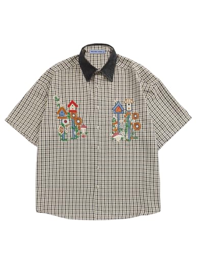 Shirts Plaid Embroidery Short Sleeve Shirt Casual Graphic T-Shirts Men Button Down Tee Tops Oufits