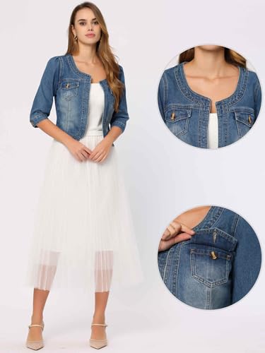 Denim Jacket for Women's Collarless 2025 Cardigan 3/4 Sleeve Crop Jean Jackets