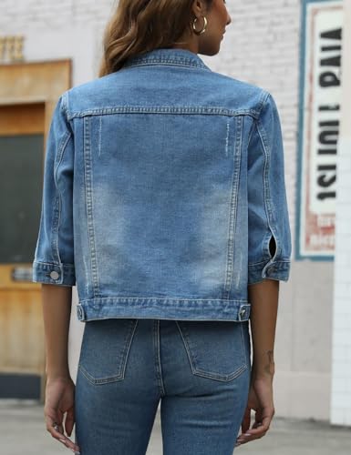 Women's 3/4 Sleeve Short Denim Jacket Lapel Button Down Cropped Trucker Jean Jackets Coats