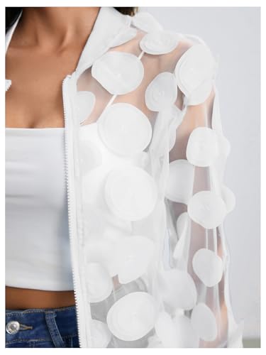 Women's Sheer Mesh Zip Up Bomber Jacket Long Sleeve Baseball Collar Outwear Tops