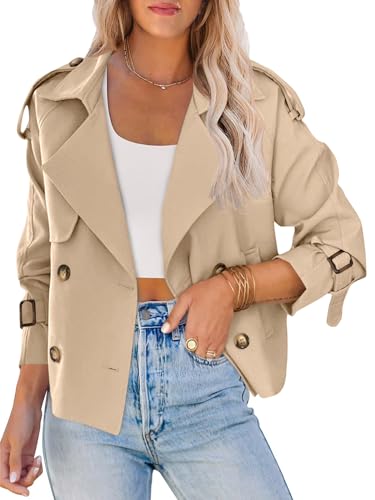 Women Crop Double Breasted Trench Coat Raglan Sleeve Work Office Cropped Jacket With Pockets