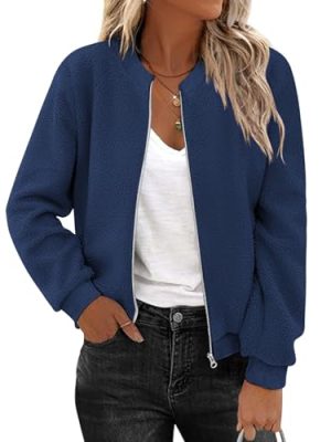 Women's Sherpa Fleece Jacket Long Sleeve Faux Fuzzy Casual Zip Up Bomber Coat With Pocket S-XXL