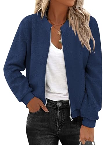 Women's Sherpa Fleece Jacket Long Sleeve Faux Fuzzy Casual Zip Up Bomber Coat With Pocket S-XXL