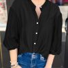 Womens Puff Sleeve Tops 3/4 Button Down Shirts Ruffle Cuff Back Pleated Cotton Blouse