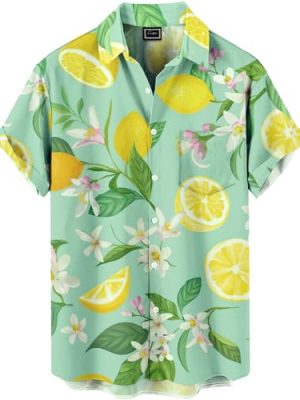 Men's Floral Bird Print Button-Down Shirt, Short Sleeve, White with Blue Pattern, Regular Fit