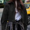 Womens Cropped Trench Coats Pleated Button Down Short Jackets Fall Casual Lapel Loose Fit Outerwears