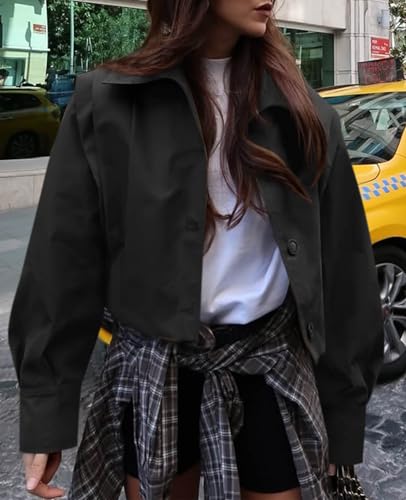 Womens Cropped Trench Coats Pleated Button Down Short Jackets Fall Casual Lapel Loose Fit Outerwears