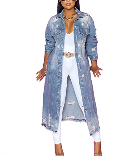 Women's Ripped Out Distressed Washed Long Blue Denim Jacket Trench Coat