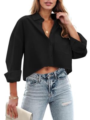 Womens Button Down Cropped Shirts Long Sleeve V Neck Solid Tops Casual Collared Blouse with Chest Pocket XS-XXL