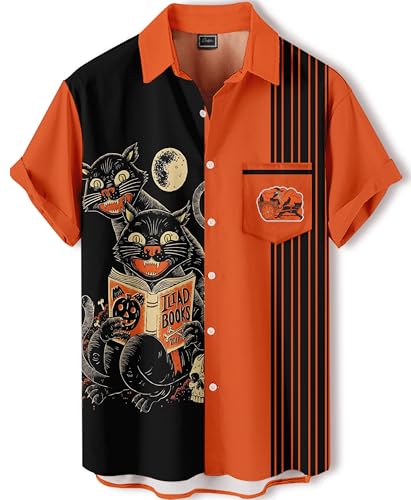 Halloween Trick or Treat Button Down Shirt, Funny Shirt,Short Sleeve Hawaiian Shirt, Graphic Print, Holiday Party Wear