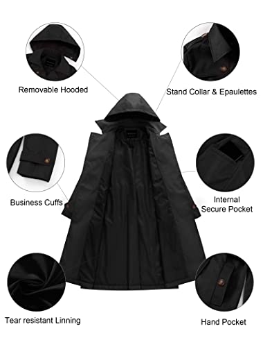 Women's Long Trench Coat Double-Breasted Classic Lapel Overcoat Belted Slim Outerwear Coat with Detachable Hood