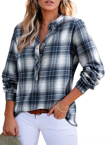 Women's V Neck Plaid Shirts Dressy Casual Blouses Button-Down Business Work Boho Tops Long Sleeve 2025 Fall Outfits