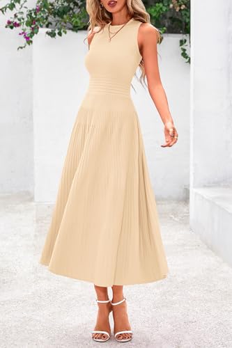 Spring Casual Dresses for Women 2025 Summer Business Work Midi Sleeveless A Line Pleated Cocktail Dress