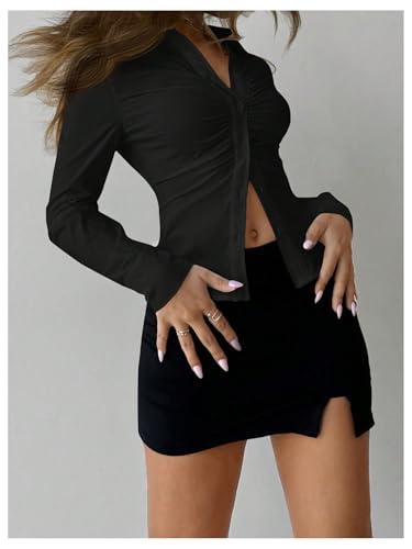 Women's Button Down Ruched Blouse Long Sleeve Shirts Slim Fit Aesthetic Tops