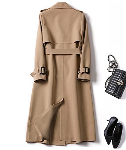 Women's Double Breasted Long Trench Coat Belted Notch Lapel Overcoat Windproof Classic Outerwear