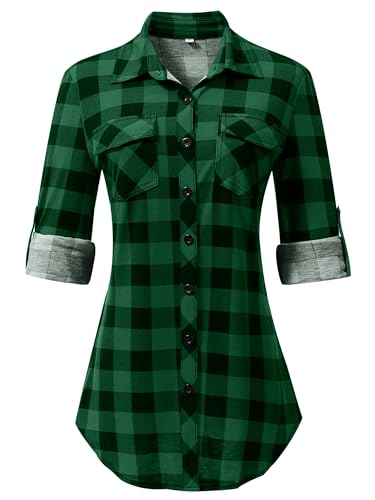 Plaid Button Down Shirts for Women Long Sleeve Roll Up Checkered Blouse Tops 2025 Fall Outfits