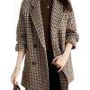 Womens Notched Lapel Pea Coat Double Breasted Blazer Jackets Houndstooth Woolen Blend Overcoat with Pockets