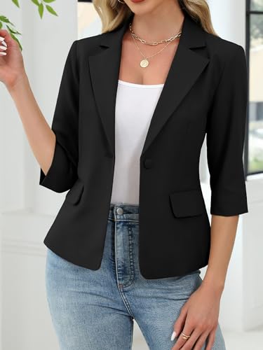 Women's 3/4 Sleeve Blazer, Lightweight Slim Fit Suit Business Casual Jacket for Work